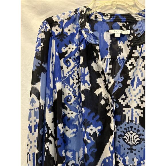 Chico's Blue Ikat Blouse Size 12 Billow Sleeves Sheer Chiffon Bohemian Career - Picture 2 of 9